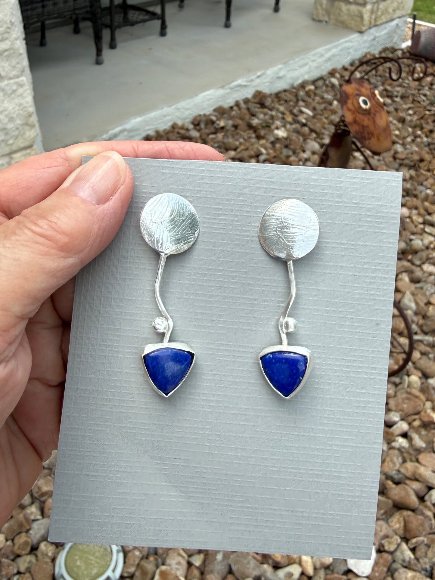 Lapis Lazuli Post Earrings — Brushed Silver Disc & Curved Drop