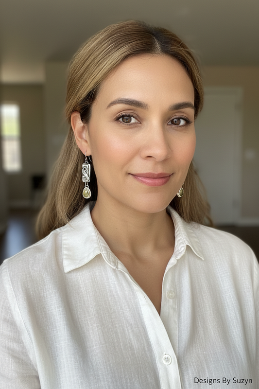 Lifestyle photo of model wearing parti sapphire and patchwork silver dangle earrings