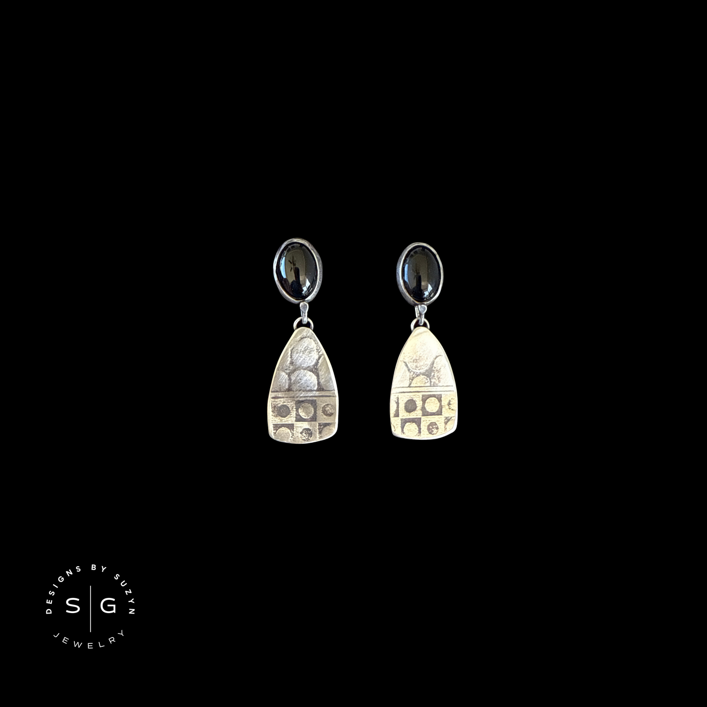 Black Onyx Oval Earrings with Silver Dangles