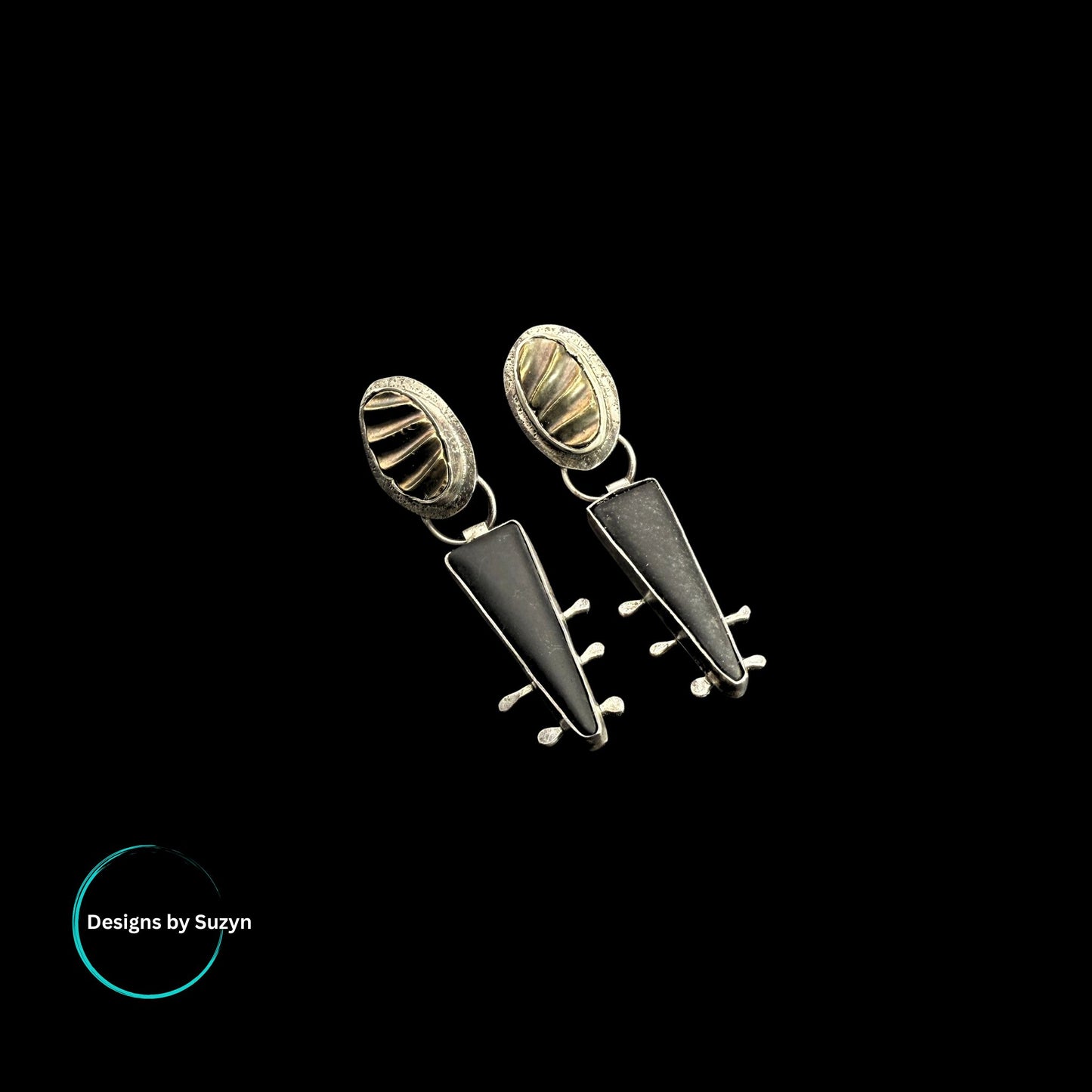 Relics of a Forgotten Time, Argentium Silver, Pyritized Ammonite, Matte Black Onyx Statement Earrings