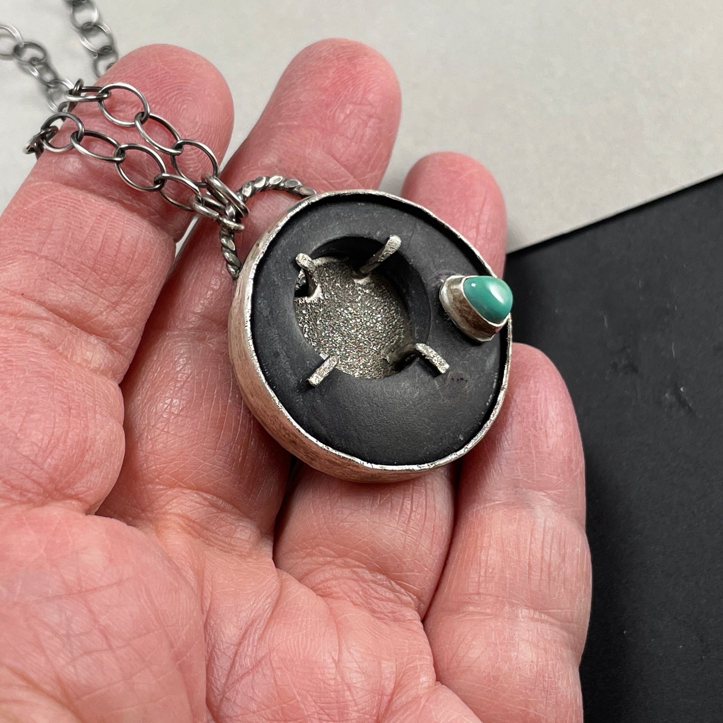 Stone in stone Pendant Unpolished Black Onyx and Turquoise