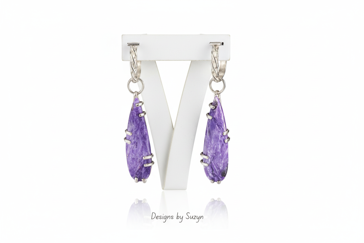 Charoite & Sterling Silver Transforma Hoop Dangle Earrings – 'Violet Dreams', One of a Kind