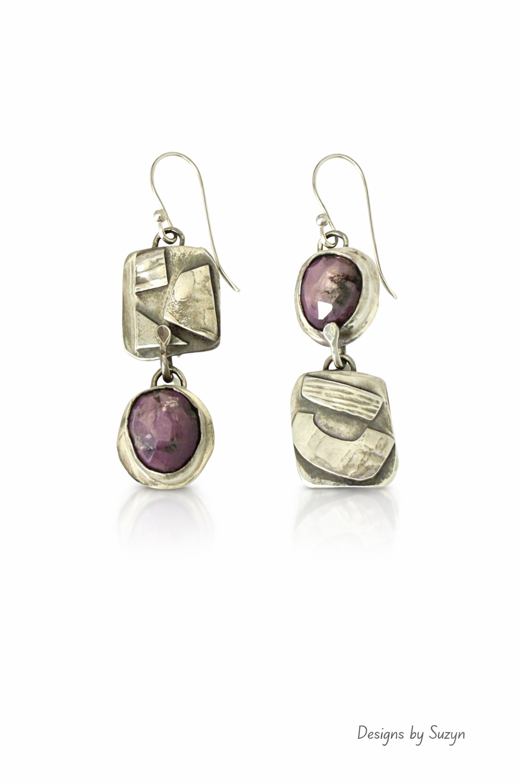 Asymmetric Pink Sheen Sapphire & Textured Silver Earrings - Handcrafted Statement Jewelry