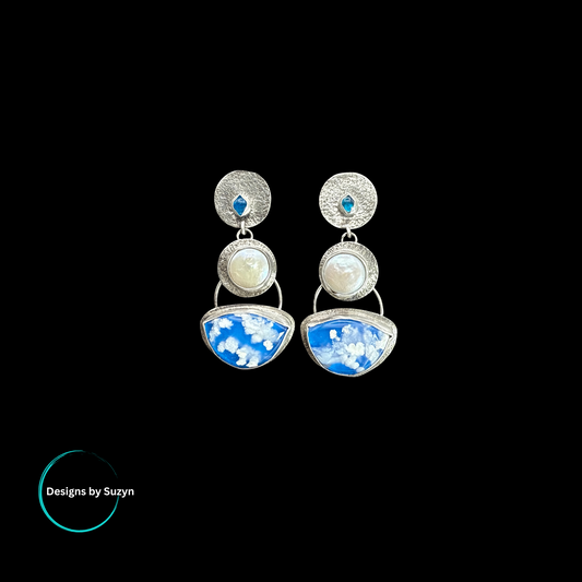 Cloudy with a Side of Sparkle - Apatite, Pearl and Plume Agate Doublet earrings