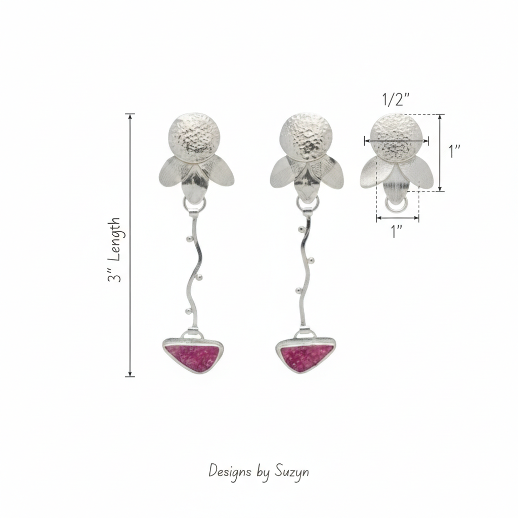 Cobalto Calcite Druzy & Argentium Silver Floral Post Earrings – 'Pink Poppy', One of a Kind