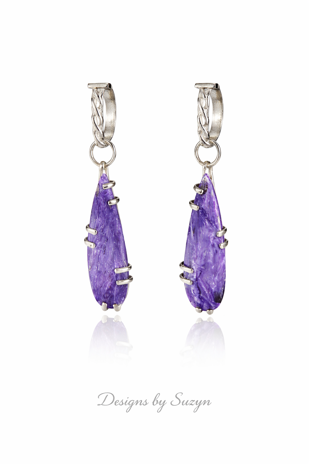 Handcrafted charoite sterling silver Transforma hoop dangle earrings Violet Dreams, one of a kind artisan jewelry, Designs by Suzyn
