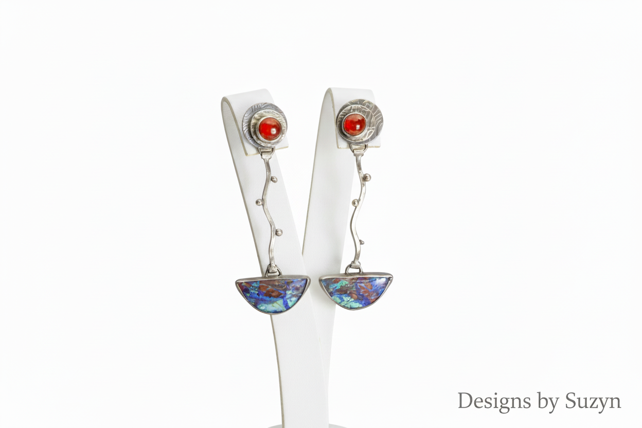 Mexican Jelly Opal & Blue Bird Azurite Argentium Silver Earrings – One of a Kind