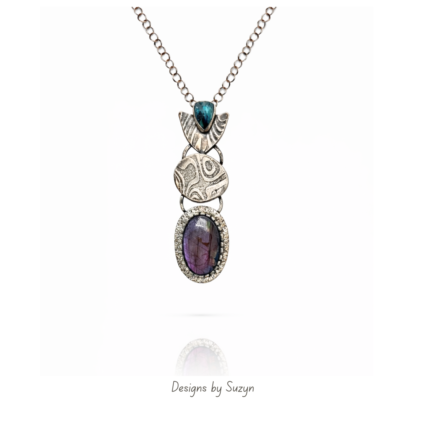 Handcrafted teal kyanite and purple labradorite Argentium silver statement necklace Queen for a Day, one of a kind artisan jewelry, Designs by Suzyn