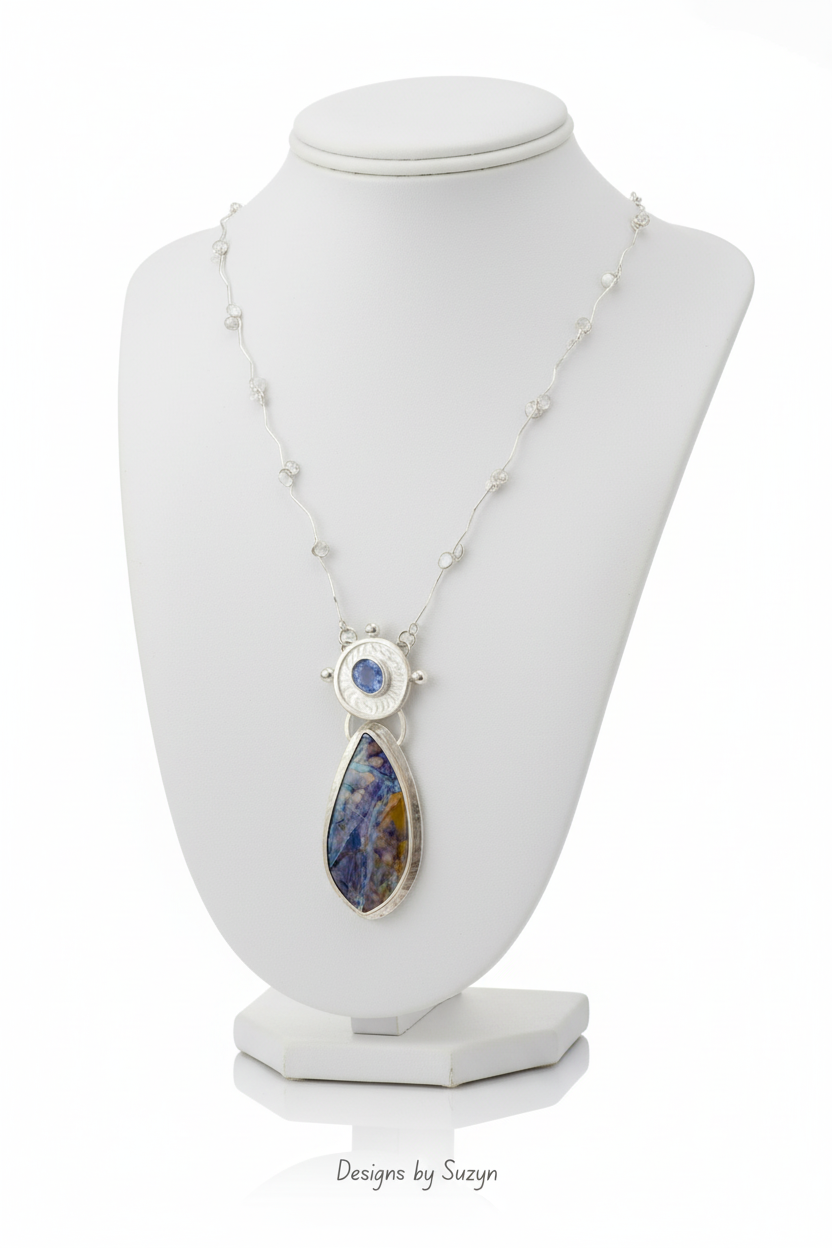 Tanzanite & Tiffany Stone Statement Necklace – Hand-Forged Argentium Silver, 'Passion', One of a Kind