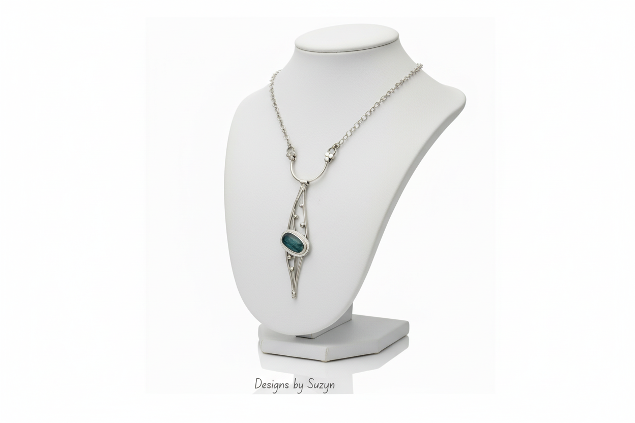 Teal Kyanite & Argentium Silver Sculptural Pendant Necklace – 'Silver Tides', One of a Kind