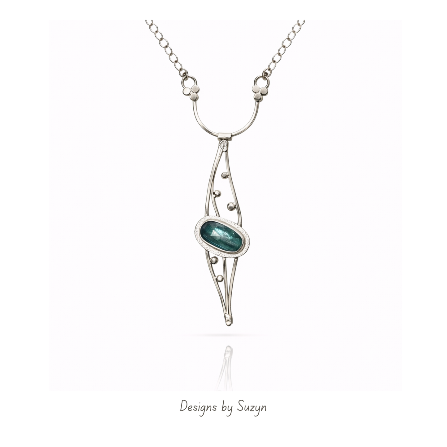 Handcrafted teal kyanite Argentium silver sculptural pendant necklace Silver Tides, one of a kind artisan jewelry, Designs by Suzyn