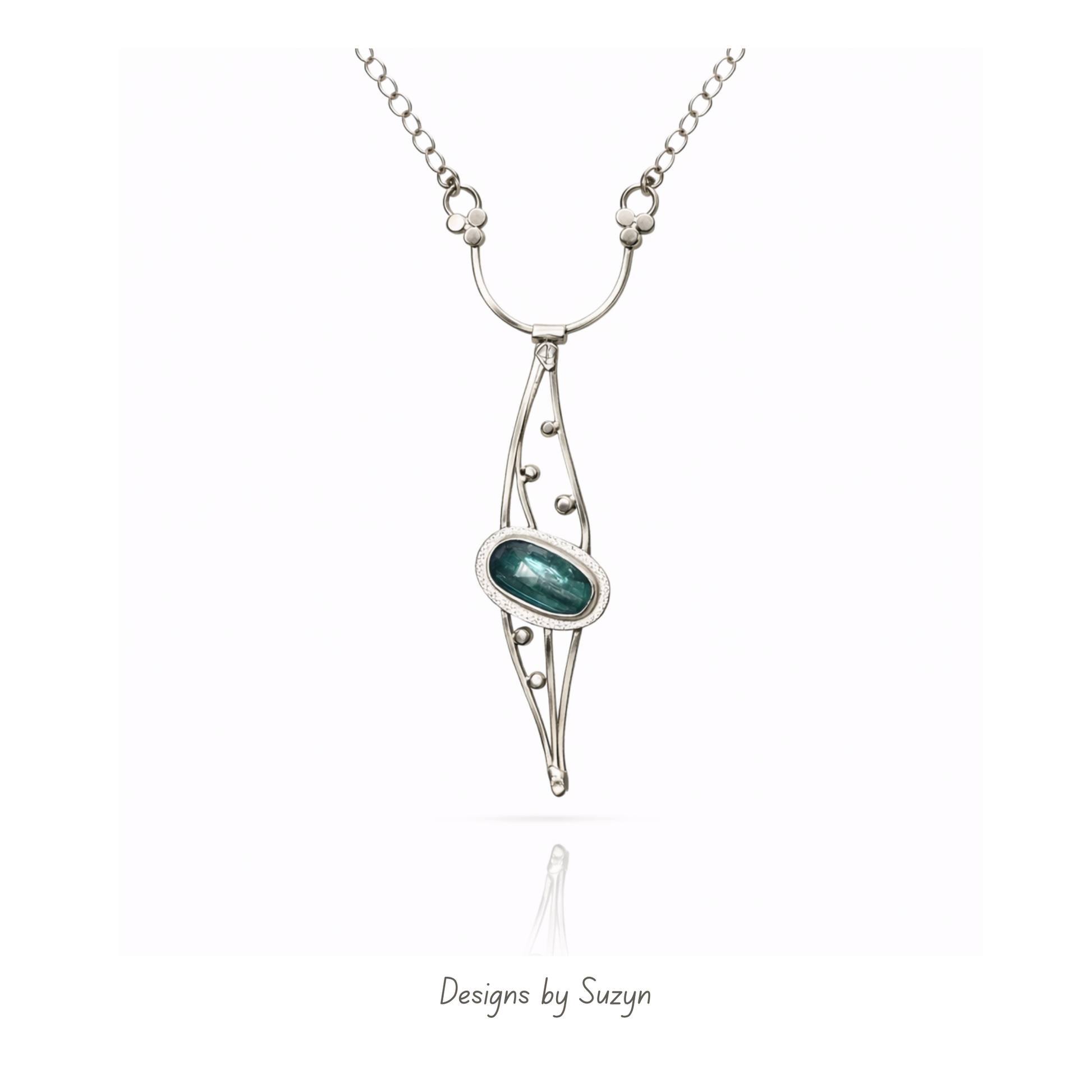 Handcrafted teal kyanite Argentium silver sculptural pendant necklace Silver Tides, one of a kind artisan jewelry, Designs by Suzyn