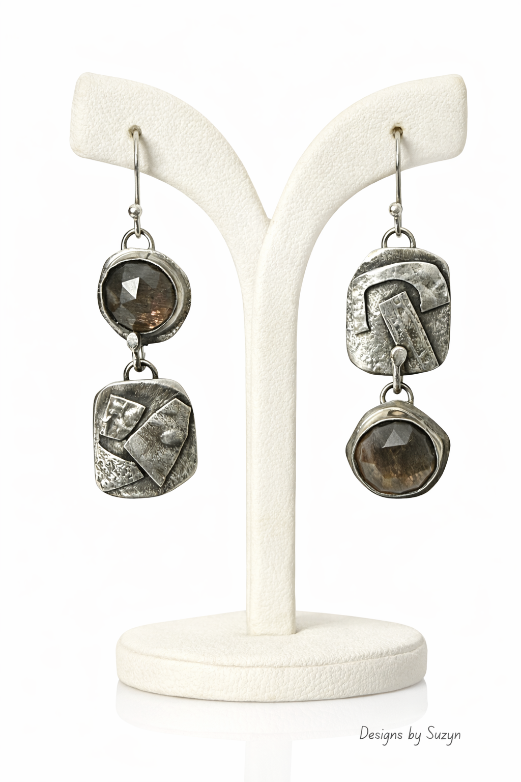 Silky Brown Lattice Moonstone Asymmetric  Argentium Silver Earrings, artisan one of a kind