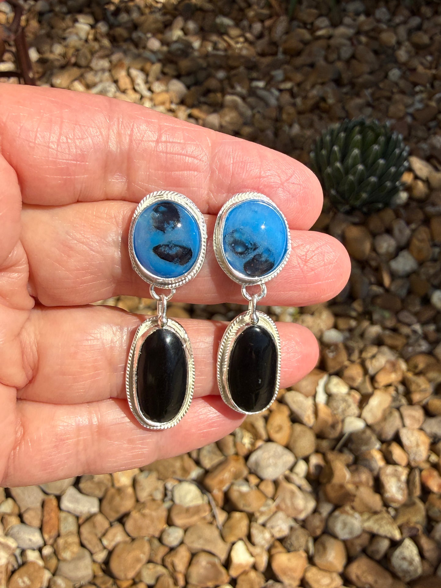 Kiln Cast Glass Gem with Black Onyx Dangle in Argentium Silver