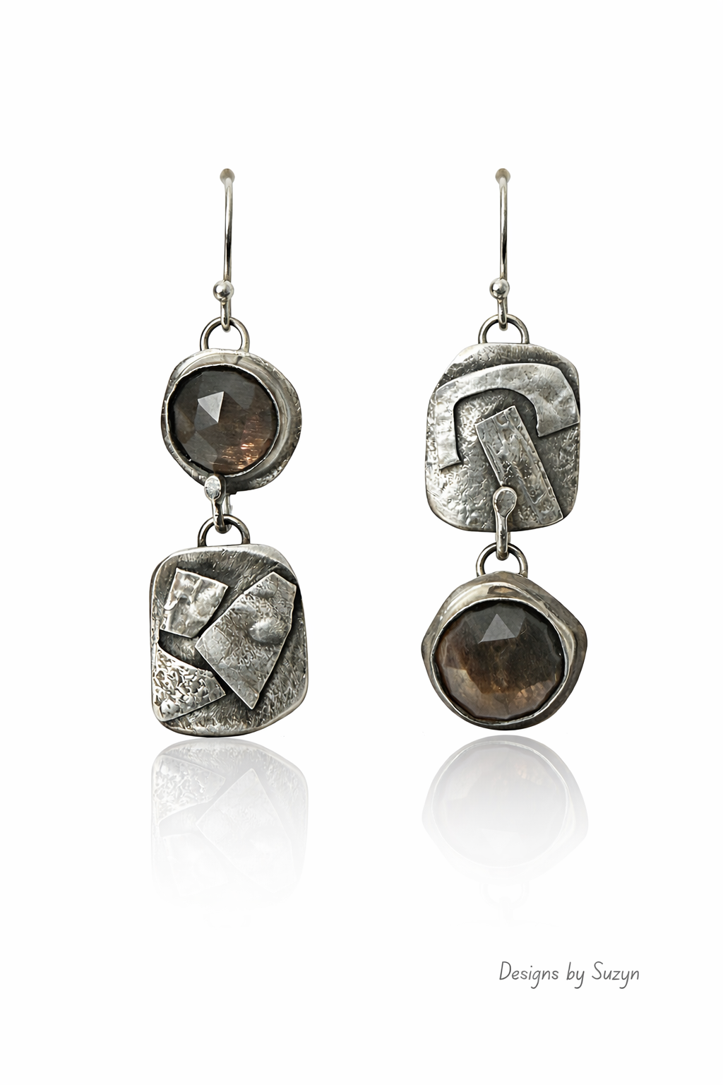 Silky Brown Lattice Moonstone Asymmetric  Argentium Silver Earrings, artisan one of a kind