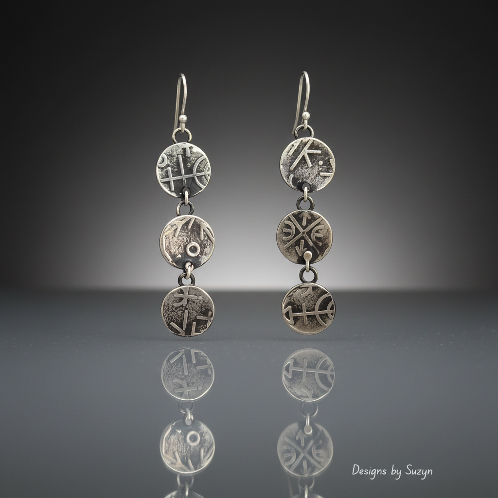 Argentium Silver Triple Disc Dangle Earrings — Grey Reflective