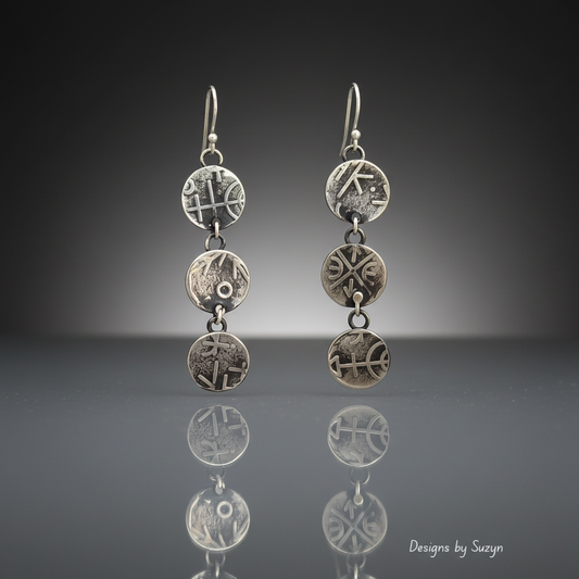 Argentium Silver Triple Disc Dangle Earrings — Grey Reflective