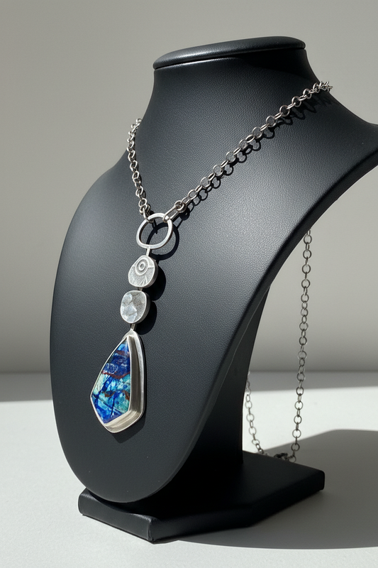 Bluebird Azurite pendant on dark necklace bust, side view showing hollow form depth