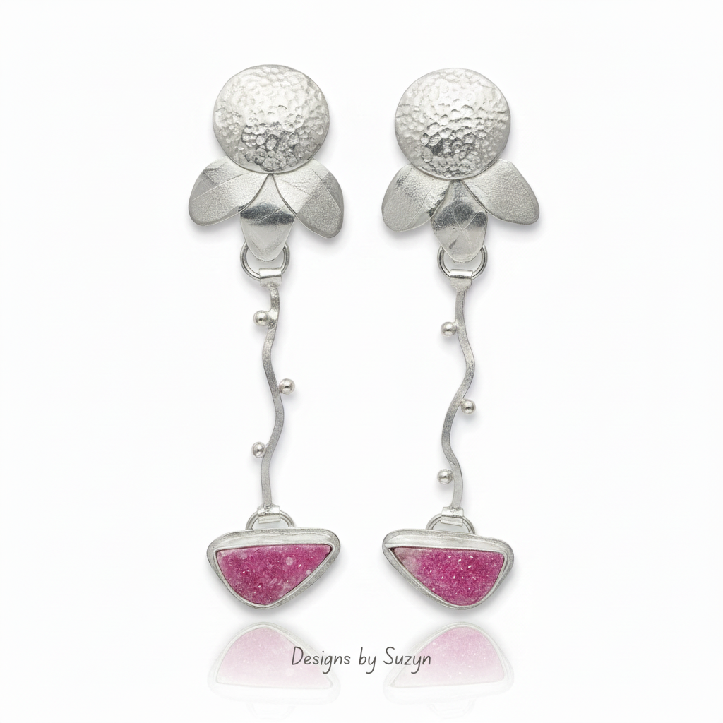 Enhanced cobalto calcite earrings with clean Designs by Suzyn logo