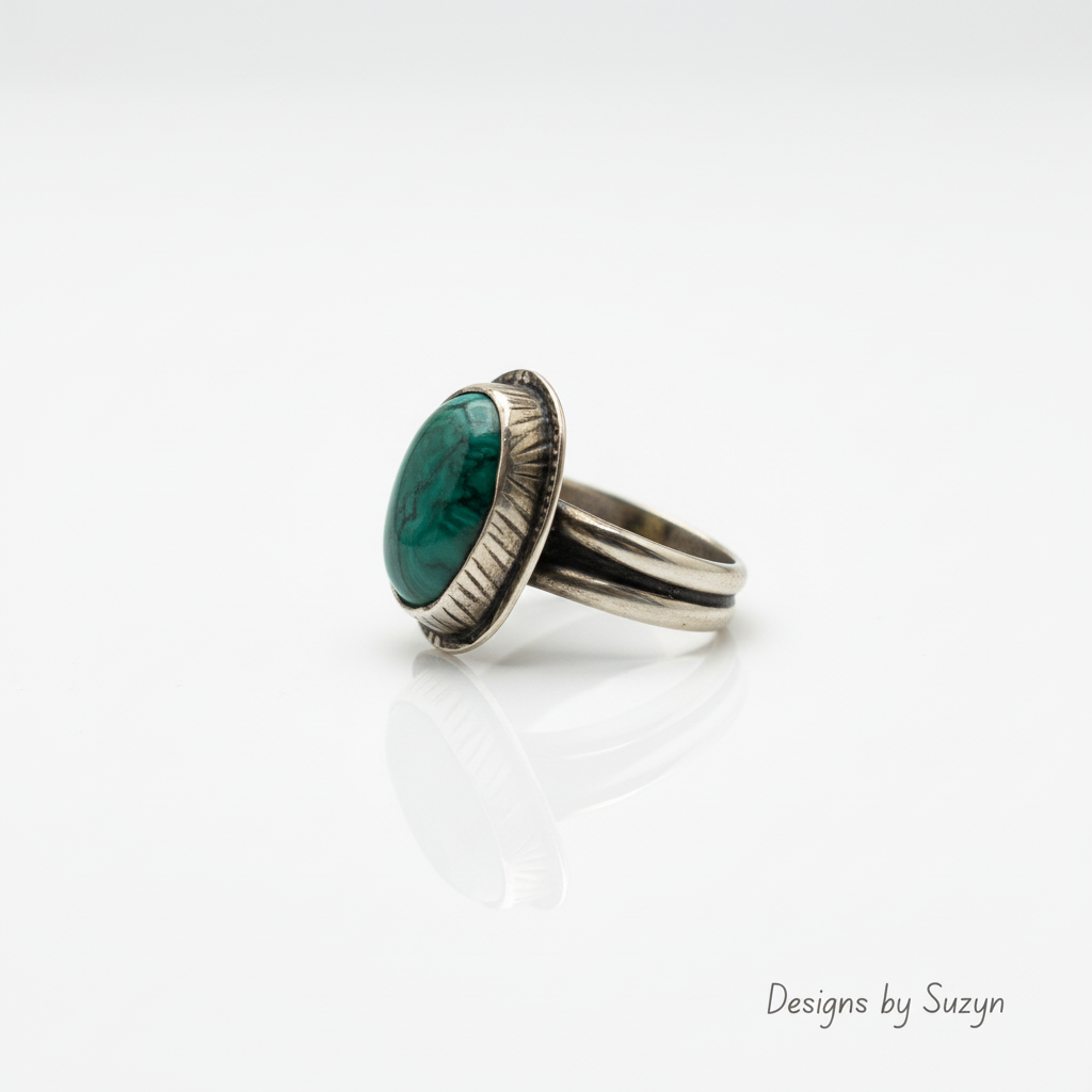 Enhanced malachite ring with Designs By Suzyn logo