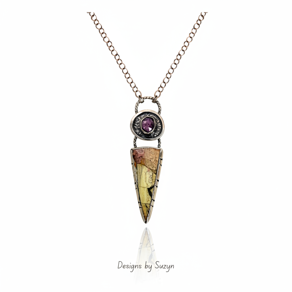 Pink sheen sapphire and honeycomb jasper Argentium silver pendant necklace, handcrafted artisan jewelry Primrose