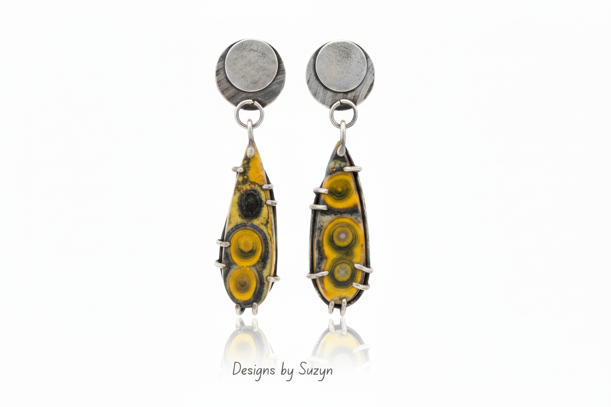 Handcrafted bumblebee jasper Argentium silver statement earrings, prong-set one of a kind artisan jewelry, Designs by Suzyn
