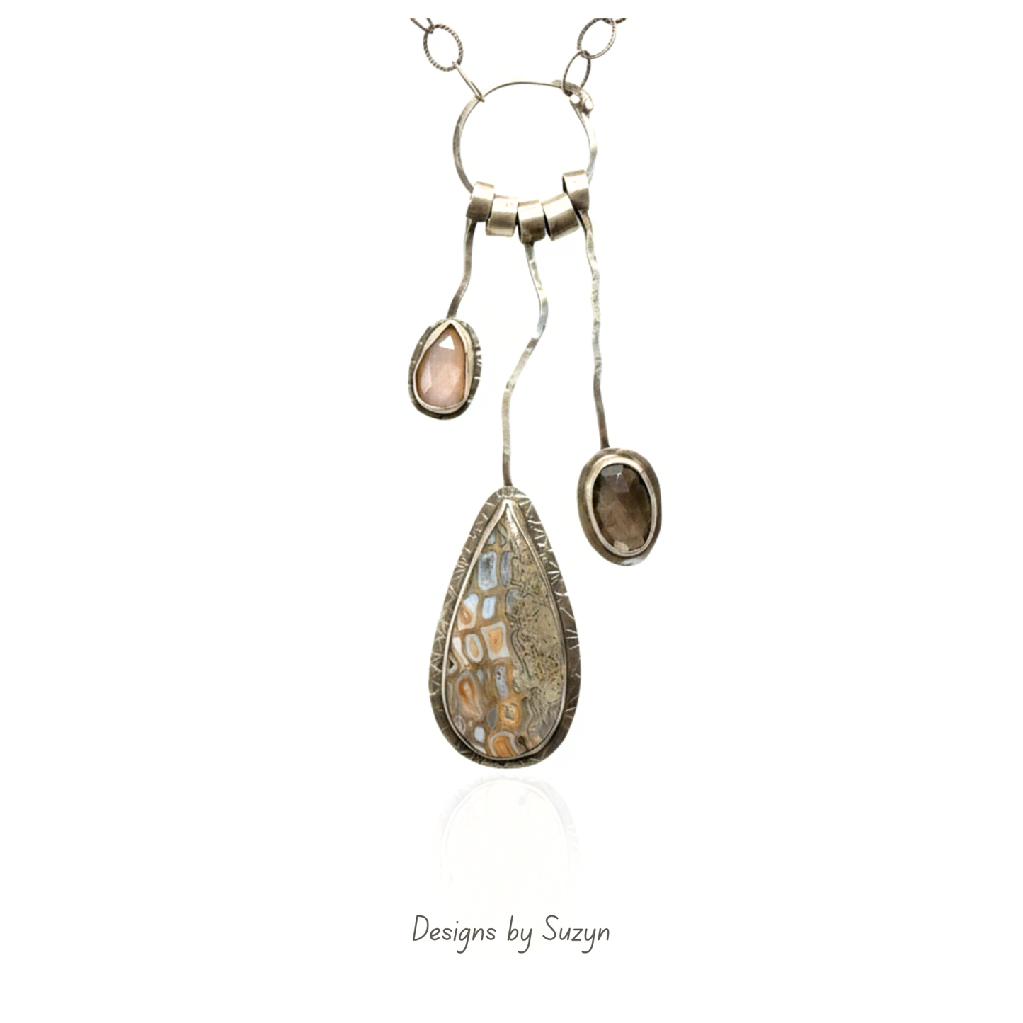Honeycomb Jasper, Peach Moonstone and Gray Sapphire Charm Pendant