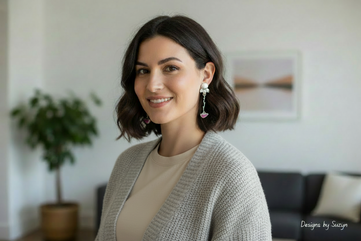 Cobalto Calcite Druzy Earrings Pink Poppy worn by model showing how they look when worn