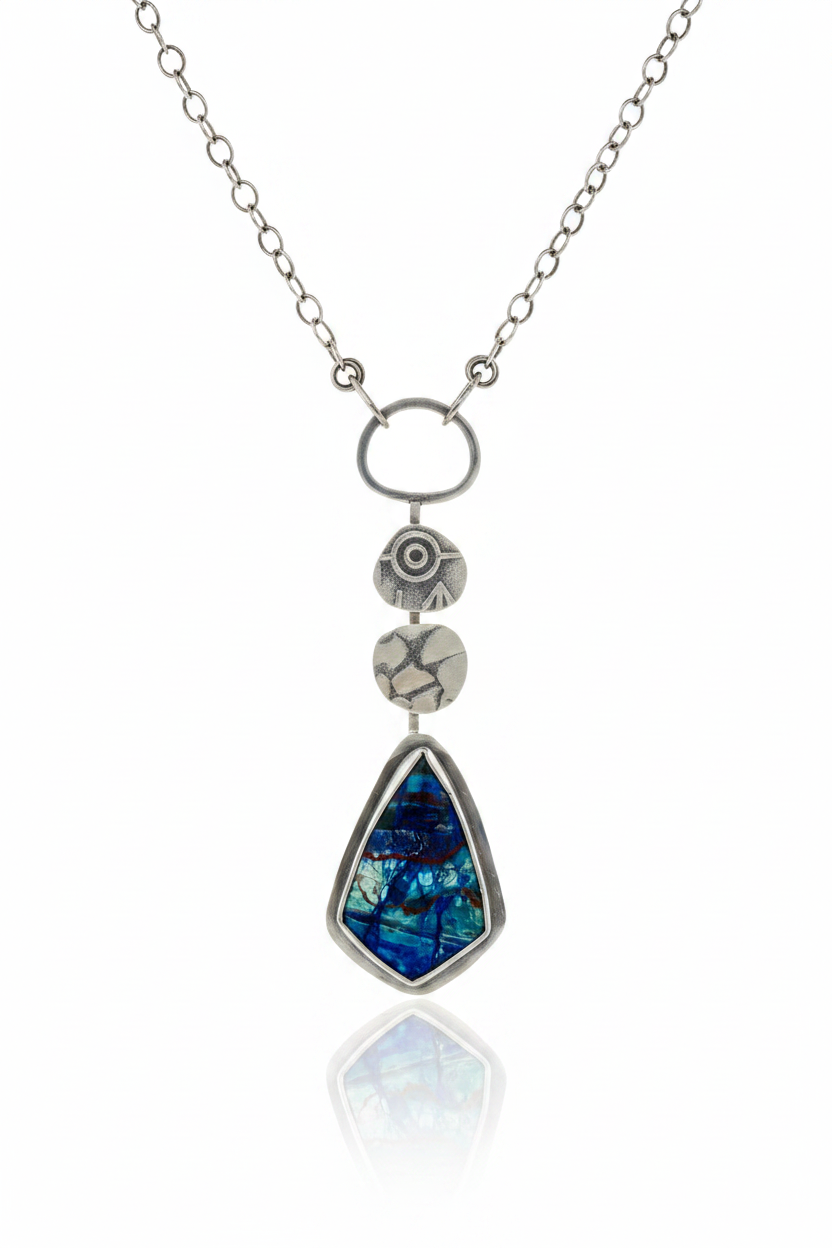 Bluebird Azurite pendant necklace on white background, studio photography