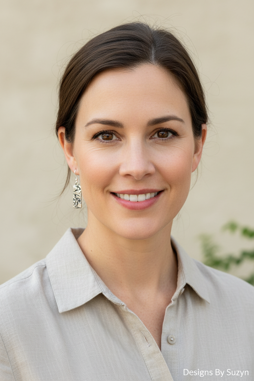 Lifestyle photo of model wearing hand-etched Argentium silver botanical dangle earrings