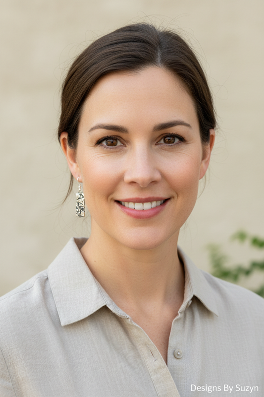 Lifestyle photo of model wearing hand-etched Argentium silver botanical dangle earrings