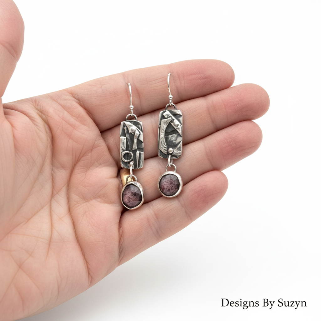 Scale reference photo of pink sheen sapphire and patchwork silver dangle earrings in palm of hand
