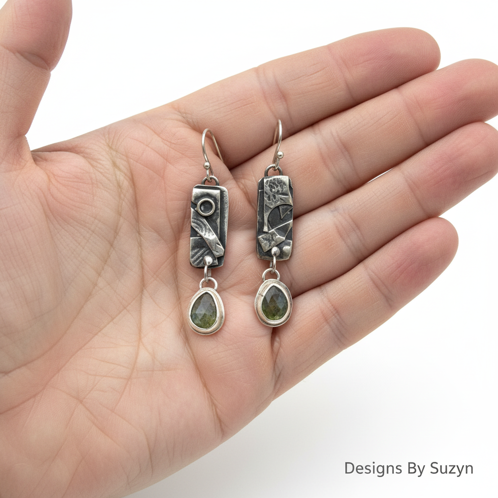 Scale reference photo of parti sapphire and patchwork silver dangle earrings in palm of hand