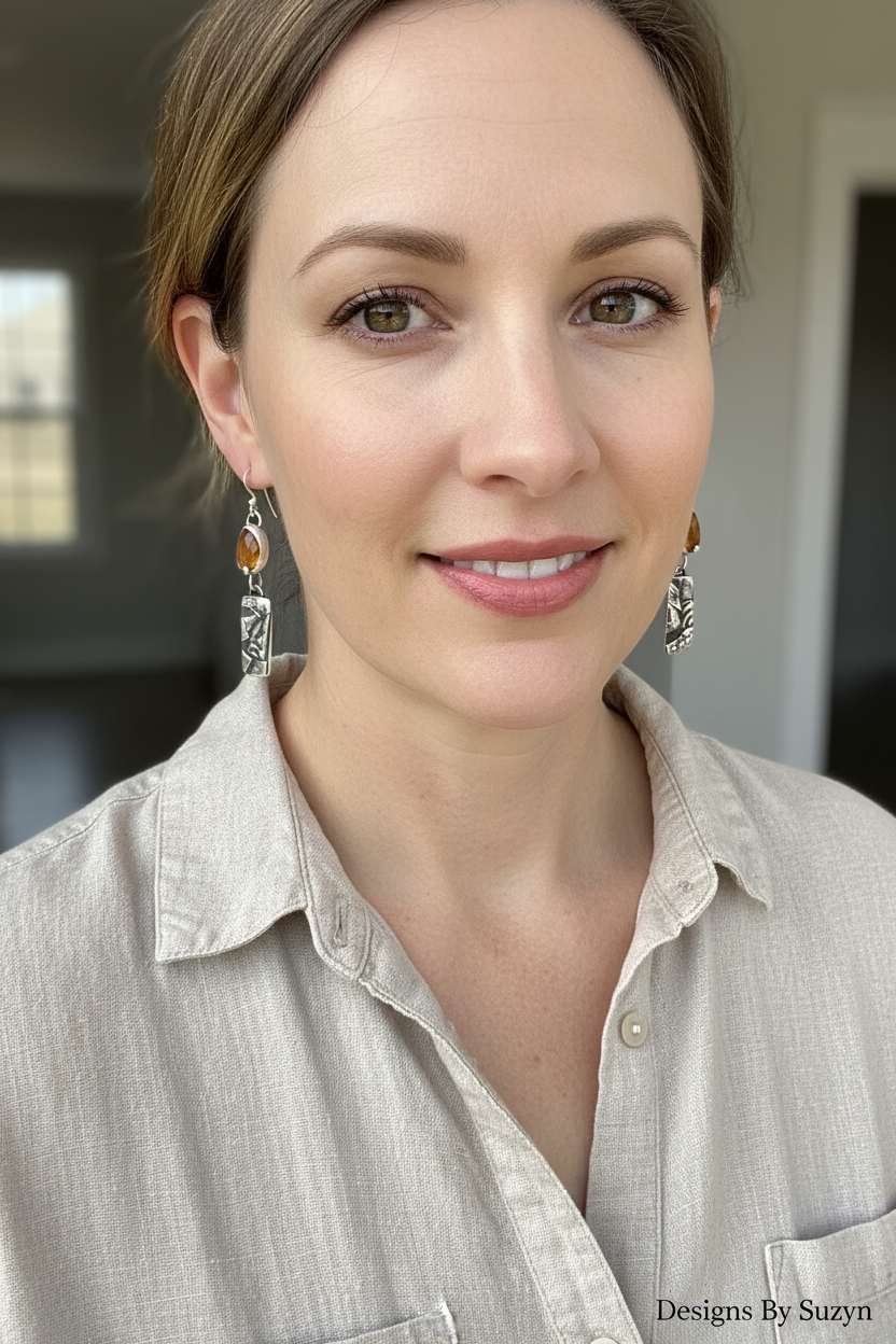 Lifestyle photo of model wearing hessonite garnet and etched silver botanical dangle earrings
