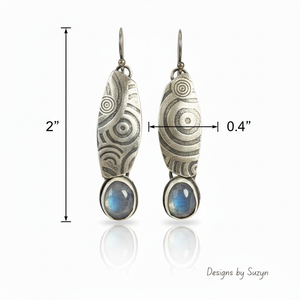 Technical diagram showing 2" length and 0.4" width measurements for rose-cut moonstone earrings