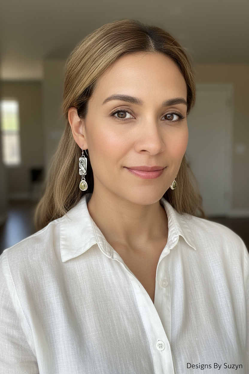 Lifestyle photo of model wearing parti sapphire and patchwork silver dangle earrings