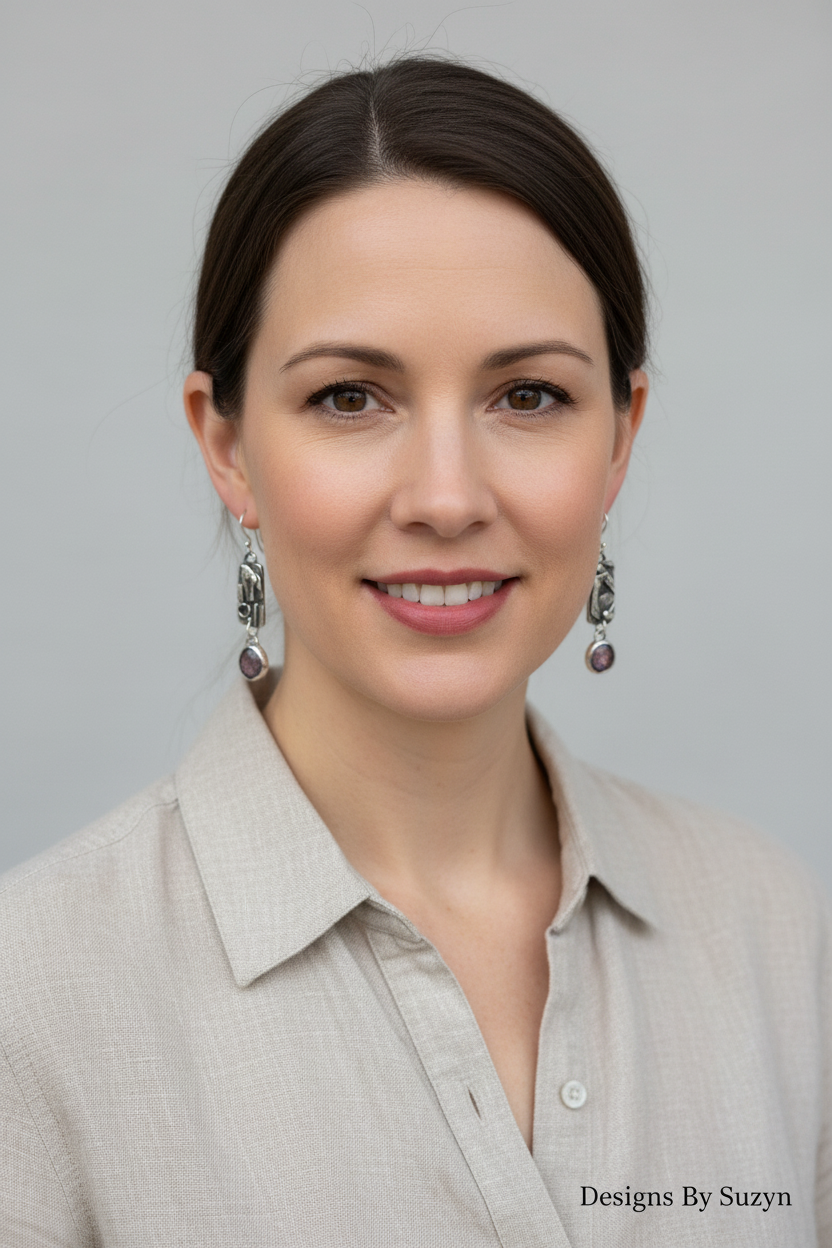Lifestyle photo of model wearing pink sheen sapphire and patchwork silver dangle earrings, true to size