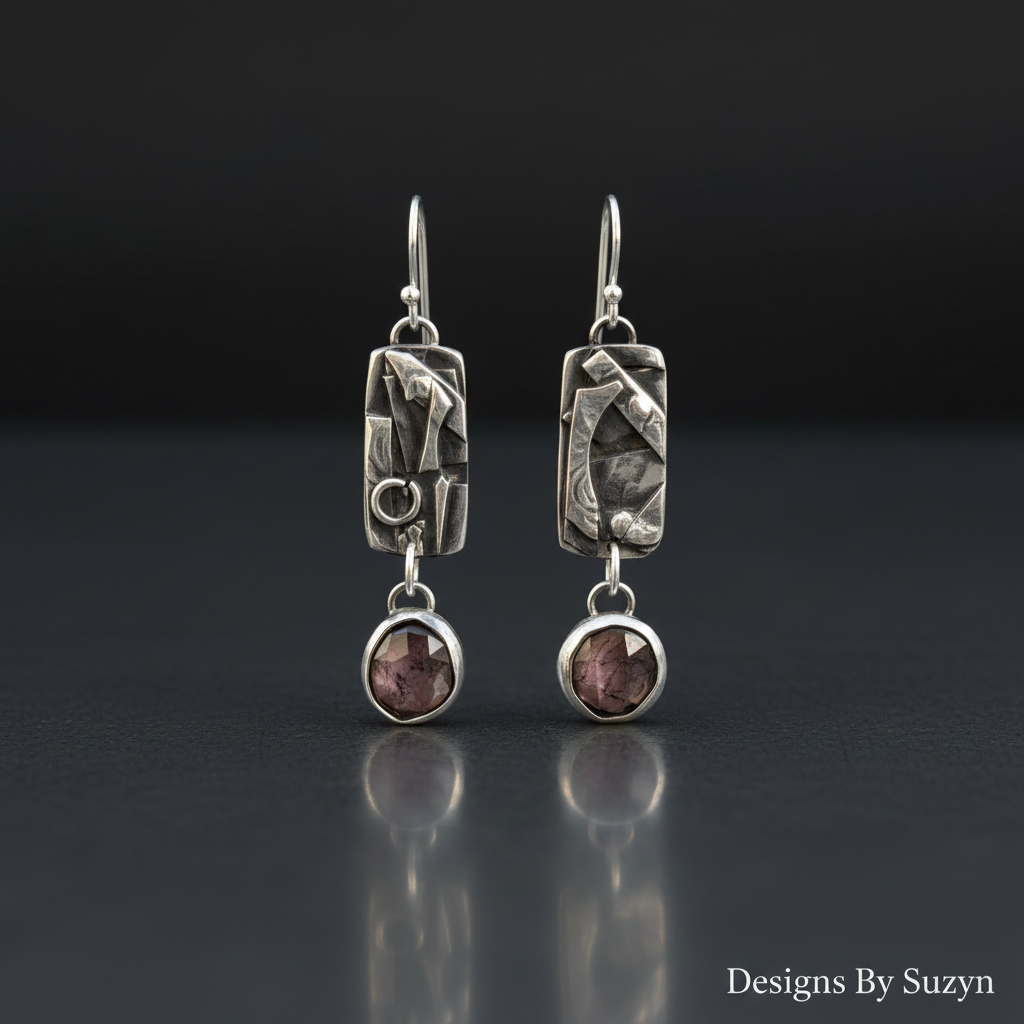Studio photo of pink sheen sapphire and patchwork silver dangle earrings on dark grey reflective surface
