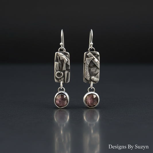 Studio photo of pink sheen sapphire and patchwork silver dangle earrings on dark grey reflective surface