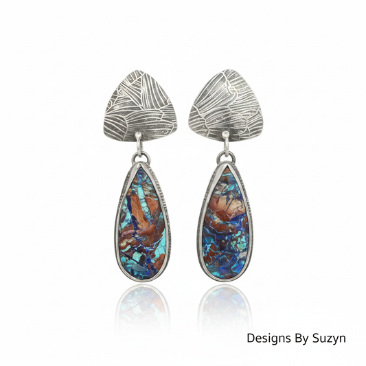 Bluebird azurite and Argentium silver drop earrings on white studio background with reflection