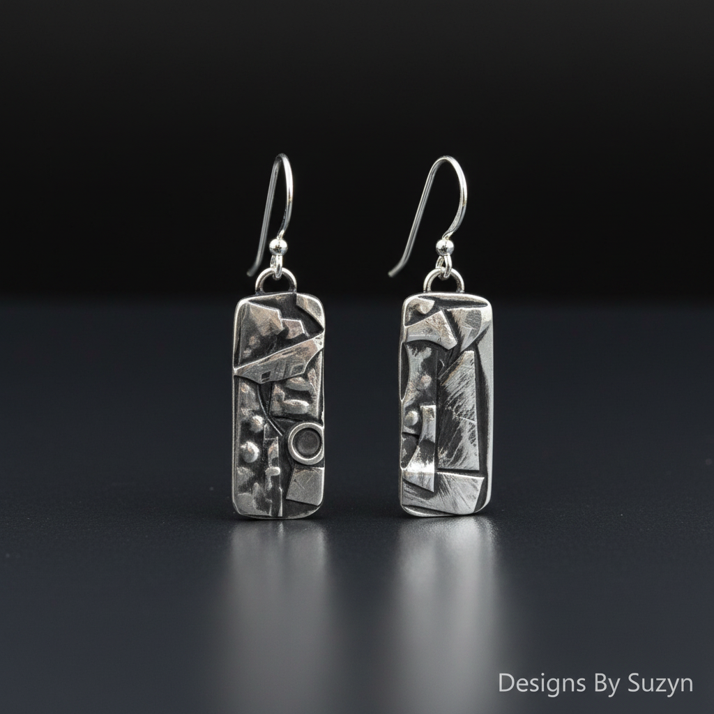 Studio photo of hand-etched Argentium silver botanical dangle earrings standing upright on dark grey reflective surface
