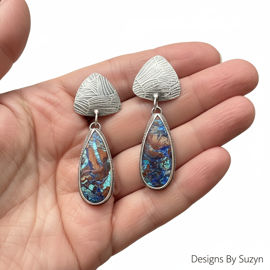 Bluebird azurite drop earrings shown in open palm for scale, 2 inches total length