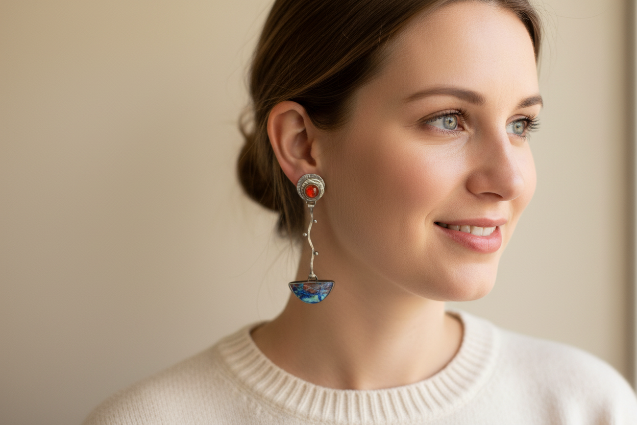 Mexican Jelly Opal and Blue Bird Azurite Earrings Juicy worn by model showing true scale and size
