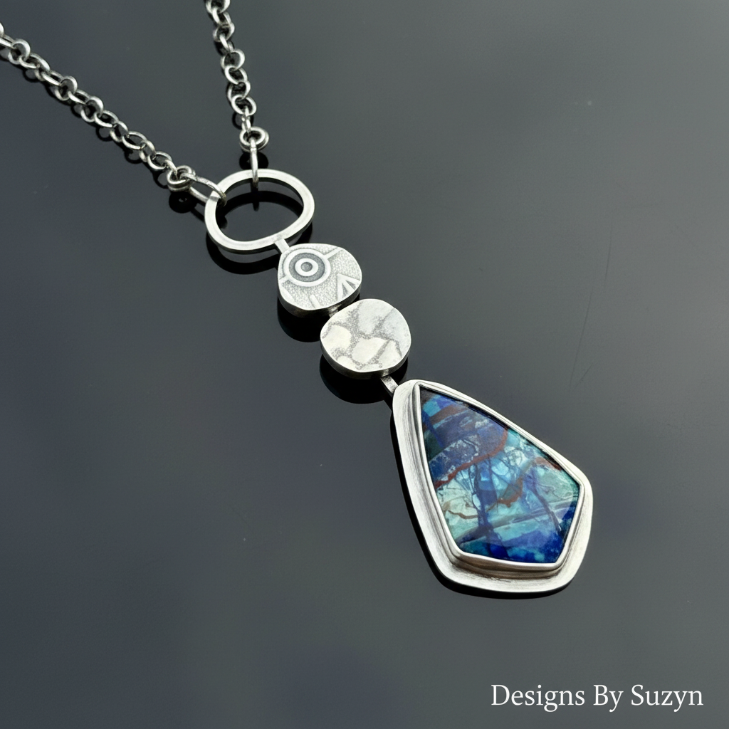 Bluebird Azurite pendant on dark grey reflective surface, studio lighting