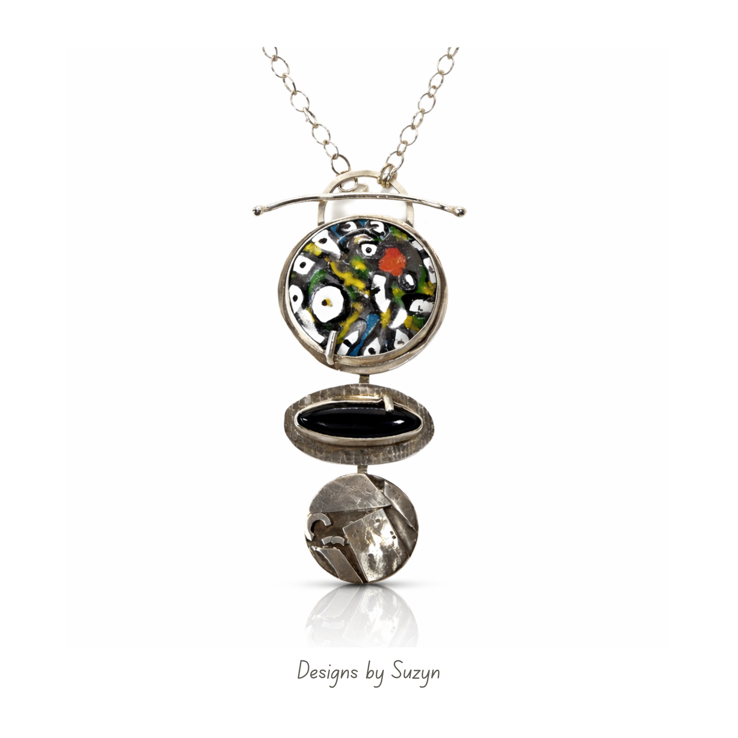 Hand-painted enamel and black onyx Argentium silver statement necklace Late to the Party, one of a kind artisan jewelry, Designs by Suzyn