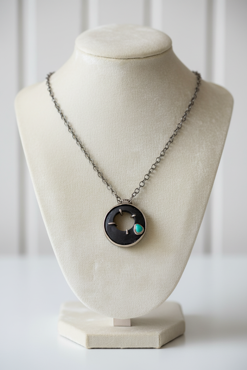 Matte Black Onyx and Turquoise Pendant on Luxury Bust