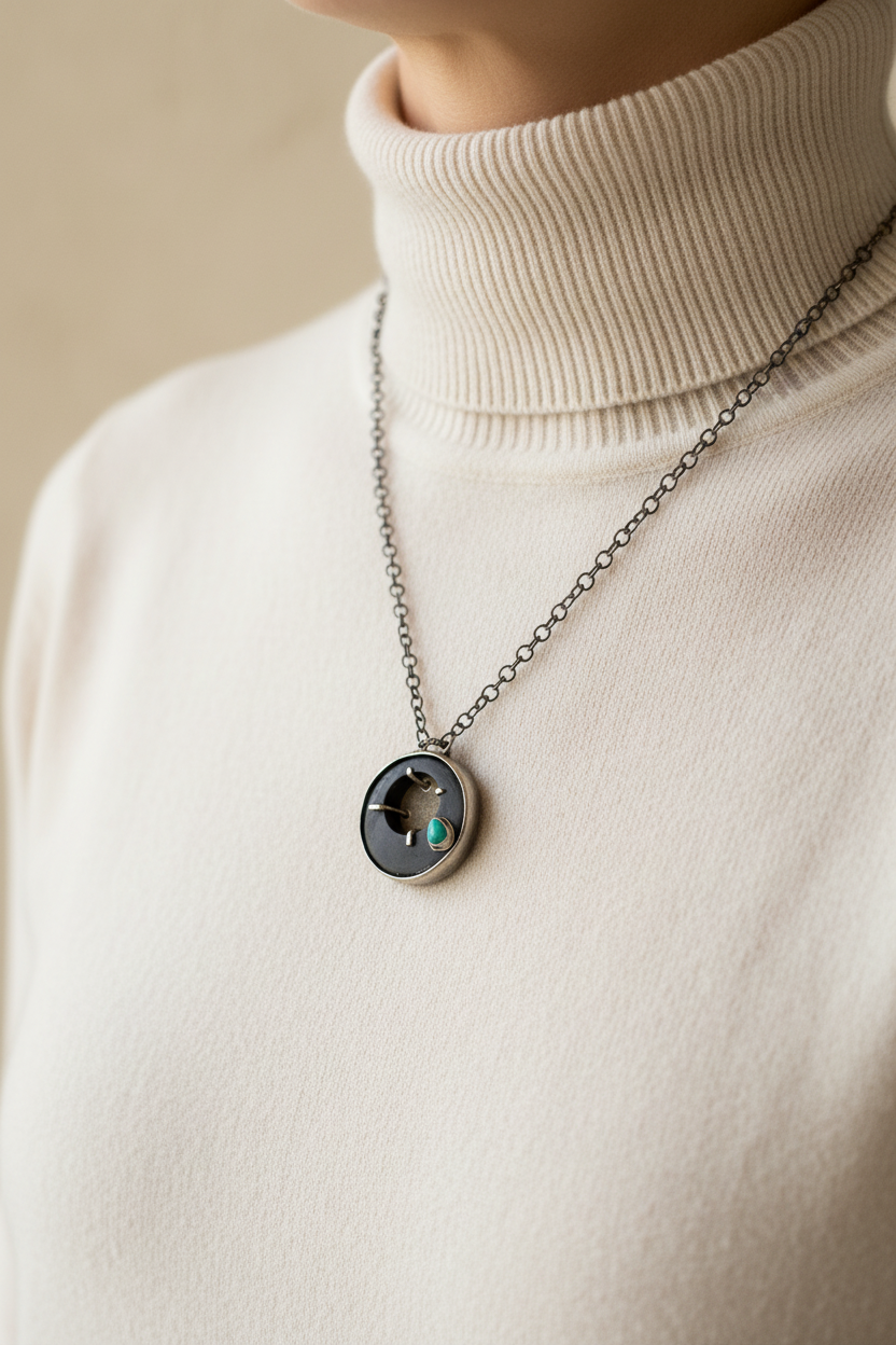 Matte Black Onyx and Turquoise Pendant with High Neckline