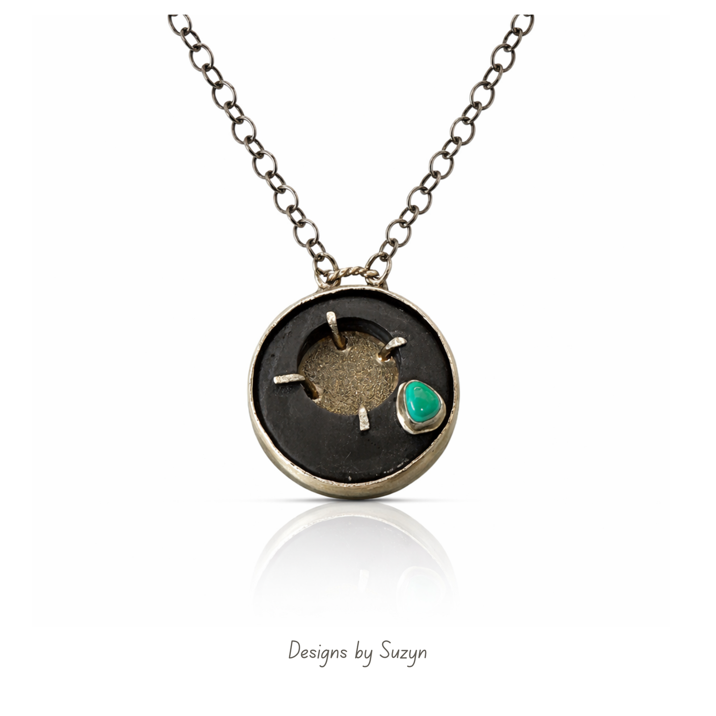 Handcrafted matte black onyx and turquoise Argentium silver pendant necklace, stone-on-stone one of a kind artisan jewelry, Designs by Suzyn

