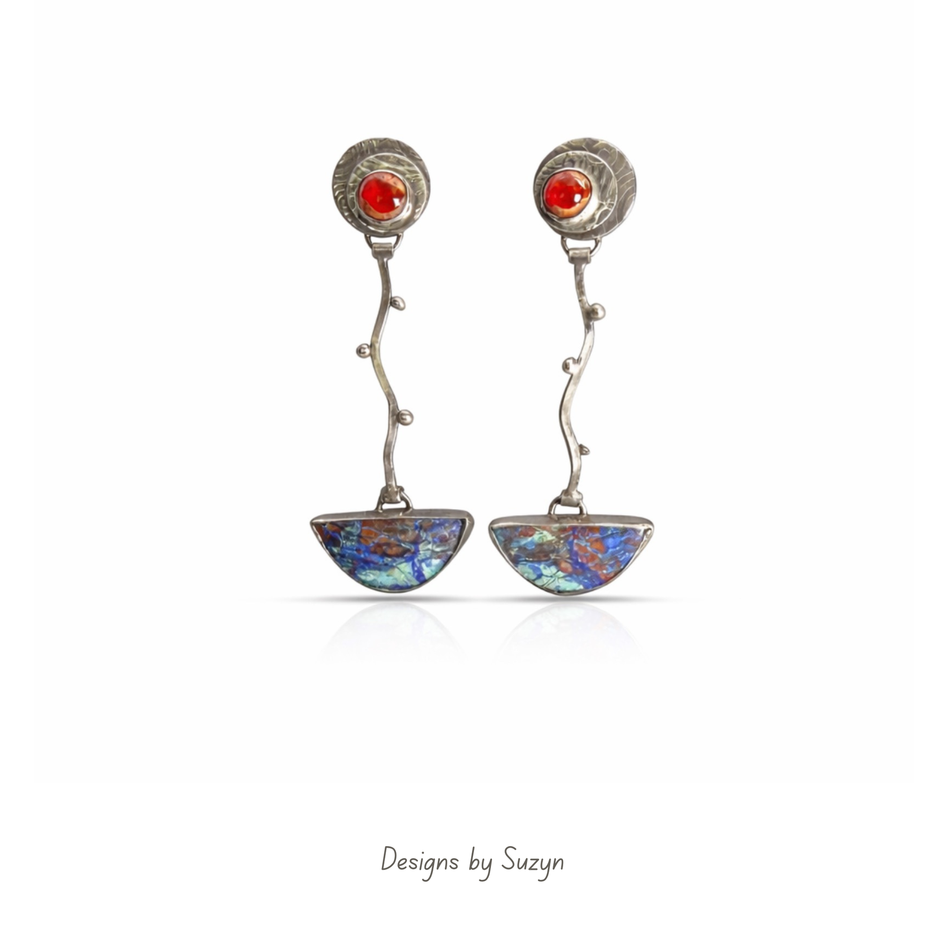 Handcrafted Mexican jelly opal and bluebird azurite Argentium silver earrings, one of a kind artisan statement jewelry, Designs by Suzyn