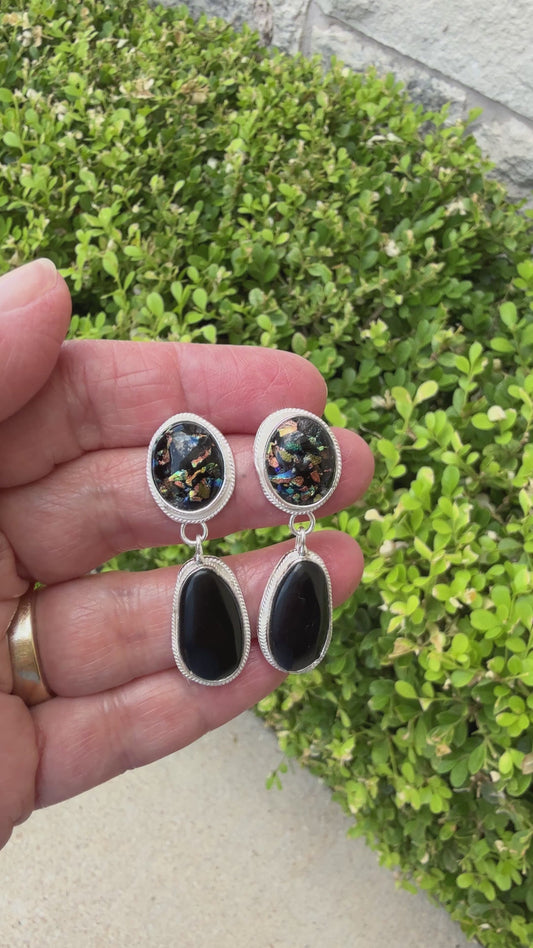 Kiln Cast Black Mystic Glass Gem with Black onyx earring